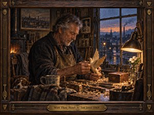 An elderly craftsman shapes a wooden dove at a cluttered workbench in a rain-darkened workshop. Warm amber lamplight and firelight contrast with the cool blue city beyond the window, creating a tender, reflective mood. Rich oil-paint textures, worn tools, wood shavings, flowers, and the ornate frame deepen the handcrafted atmosphere.