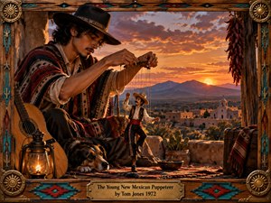 A young puppeteer sits in a rustic Southwestern adobe setting, guiding a lively marionette against a glowing desert sunset. Warm amber, turquoise, red, and earthy browns create a nostalgic, theatrical mood. Detailed textiles, carved wood, brass accents, a lantern, guitar, resting dog, distant mission, and mountains enrich the handcrafted cinematic composition.