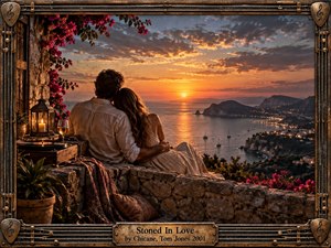 A couple embraces on a flower-draped stone terrace overlooking a glowing coastal bay at sunset. Warm amber light, deep blue shadows, scattered town lights, boats, and distant cliffs create a dreamy romantic mood. The cinematic realism is enriched by textured stone, bougainvillea, lantern light, a turntable, and an ornate bronze musical frame.
