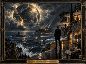 A solitary suited figure overlooks a storm-lashed coastal estate as a colossal lightning-veined sphere looms above the dark sea. Submarines, speedboats, wet stone terraces, and glowing modern architecture create tense espionage drama. Deep blues, black, gold, and silver reflections intensify the cinematic, hand-painted realism within an ornate black-and-brass frame.