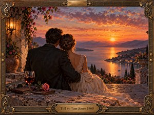 A couple sits closely on a stone terrace overlooking a glowing lakeside town at sunset, surrounded by mountains, flowers, and warm lantern light. Rich amber, rose, and violet tones create a romantic, nostalgic mood. Painterly detail, reflective water, wine, and an ornate musical frame enhance the elegant vintage atmosphere.