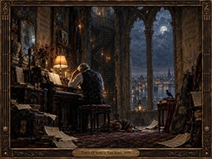 An aging musician sits pensively at a grand piano inside a towering Gothic study, surrounded by scattered sheet music, books, instruments, and a sleeping dog. Warm amber lamps contrast with cool moonlit blues beyond arched windows, creating a reflective, melancholic mood. Rich painterly realism and an ornate carved frame complete the scene.
