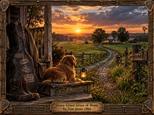A golden retriever rests on a weathered porch overlooking a winding country lane, farmhouse, barn, and green fields beneath a glowing sunset. Warm amber light, deep greens, rustic wood, worn boots, a guitar case, lantern, and ornate musical frame create a nostalgic, handcrafted scene filled with longing, comfort, and homecoming.