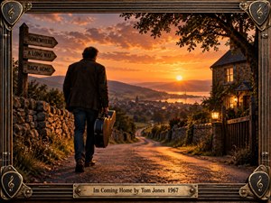 A lone traveler carrying a guitar case walks down a winding country road toward a glowing village at sunset. Warm amber, copper, and dusky blue tones create a nostalgic, hopeful mood. Stone cottages, distant hills, reflective water, and a rustic signpost deepen the sense of homecoming, framed by ornate vintage musical metalwork.