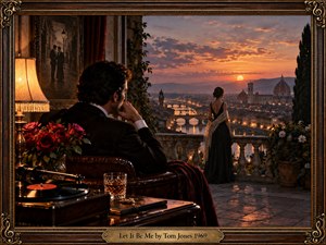 A brooding romantic scene shows a suited man in a lamplit room gazing toward a woman on a balcony above a glowing European city at sunset. Warm amber and rose tones, rich wood, roses, vinyl, and whiskey create nostalgic intimacy, while the ornate decorative frame and engraved title plate give the image a handcrafted vintage elegance.