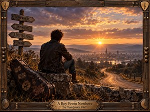 A solitary young man sits beside a weathered guitar case on a stone overlook, gazing toward a distant town glowing beneath a dramatic sunset. Warm amber light contrasts with deep blue-gray clouds, while a winding road and wooden signpost suggest uncertainty and longing. The richly textured frame adds nostalgic, handcrafted musical character.