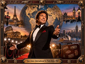 A charismatic tuxedoed singer stands before a glowing world map, surrounded by iconic landmarks, red-carpet crowds, camera flashes, and vintage travel luggage. Warm gold, bronze, crimson, and twilight blue create a glamorous international mood. Cinematic lighting, polished realism, ornate metal framing, and travel motifs evoke worldwide fame and classic show-business grandeur.
