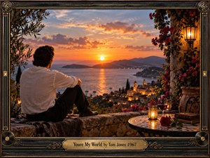 A solitary man overlooks a glowing Mediterranean harbor at sunset, surrounded by stonework, bougainvillea, candlelight, wine, books, and a single red rose. Warm amber, coral, and deep blue tones create a romantic, reflective mood. Cinematic realism, rich textures, and an ornate musical frame evoke timeless devotion.