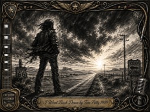 A solitary figure stands defiantly beside an empty highway beneath turbulent charcoal clouds, facing a bright horizon that suggests resilience and hope. Deep blacks, smoky grays, and warm bronze accents create a dramatic, weathered atmosphere. An ornate music-themed frame of guitar strings, stars, cables, and metalwork surrounds the scene.
