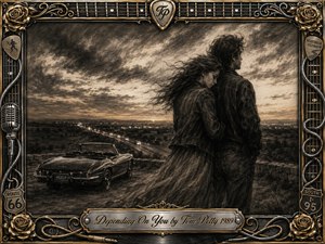 A windswept couple embraces at a lonely roadside overlook, gazing across a glowing highway and distant horizon beside a vintage convertible. Deep charcoal textures, sepia highlights, and dramatic clouds create a wistful, intimate mood. An ornate chrome-and-gold musical frame surrounds the scene, finished with roses, guitar details, and an engraved title plate.