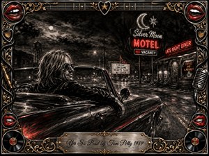 A lone, sunglasses-wearing driver cruises a vintage convertible through a rain-darkened roadside town glowing with red neon motel and diner signs. Deep charcoal textures create a smoky, cinematic mood, accented by chrome, gold, and crimson. An ornate rock-themed frame of lips, records, cables, and filigree surrounds the scene.