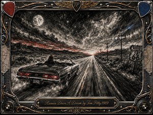 A lone driver races a black convertible down an endless desert highway beneath a dramatic moonlit sky, capturing restless freedom and pursuit. Deep charcoal textures dominate the scene, accented by glowing red taillights, muted blue streaks, and metallic highlights. An ornate chrome-and-gold music-themed frame surrounds the energetic, cinematic composition.
