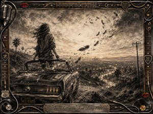 A windswept figure stands in a vintage convertible overlooking a glowing Southern California valley at dusk, surrounded by drifting feathers and distant highway lights. Deep charcoal textures create a nostalgic, restless mood, enriched by warm sepia highlights. An ornate rock-themed frame features guitars, cables, vinyl records, red lips, and an engraved title plate.
