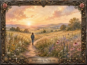 A solitary figure walks along a winding path through a glowing wildflower meadow at sunset, surrounded by rolling hills and distant trees. Soft watercolor washes of gold, lavender, sage, pink, and dusty blue create a peaceful, reflective mood. An ornate wrought-iron musical frame with roses, strings, guitar picks, and engraved title plate completes the scene.