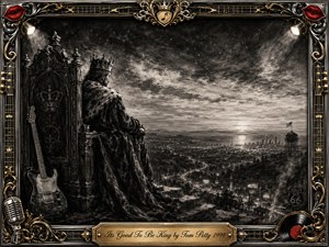 A solitary crowned figure sits on an ornate throne overlooking a glowing coastal city and winding highway at twilight. Deep feathered charcoal textures create a regal, reflective mood, while silvery blacks, soft highlights, and distant lights add cinematic depth. An elaborate chrome-and-gold musical frame, red lips, guitar details, microphone, vinyl record, and engraved title plate complete the scene.
