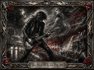 A lone guitarist powers through a stormy, rain-slicked roadside scene as a ghostly woman emerges from swirling charcoal smoke above him. Deep blacks, silvery highlights, and crimson streaks create a fierce, romantic mood. An ornate chrome-and-gold rock frame, roses, red lips, strings, and lightning details surrounds the dramatic artwork.