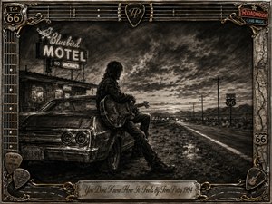 A lone musician rests against a vintage car beside a deserted highway and neon motel, gazing toward the distant road beneath a turbulent evening sky. Deep feathered charcoal textures create a smoky, reflective mood, while chrome and gold frame details, guitar strings, Route 66 symbols, and engraved title plate add rugged Americana character.