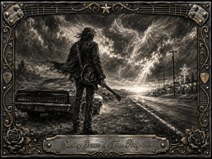 A lone guitarist stands beside a vintage muscle car on a deserted highway beneath turbulent charcoal skies. Feathered clouds form subtle winglike shapes as bright rays break toward the distant horizon. Telephone poles, roadside neon, and rugged terrain deepen the reflective mood, framed by ornate dark chrome, gold inlay, roses, guitar strings, picks, and an engraved title plate.