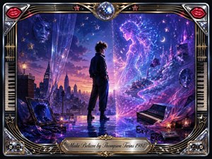 A solitary figure stands on a reflective rooftop stage between a twilight city and a luminous dream world, confronting an ethereal companion formed from violet, blue, and magenta light. Surreal masks, stars, curtains, cassette tape, and a synthesizer deepen the wistful fantasy, framed in ornate chrome, gold, neon, and musical motifs.