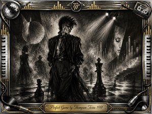 A dramatic charcoal figure stands amid a surreal chessboard stage, surrounded by oversized pieces, smoky silhouettes, geometric forms, and ghostly portraits. Deep blacks, silvery grays, and bright spotlights create a tense 1980s new-wave mood. An ornate chrome-and-gold musical frame features keyboards, cables, records, cassette details, and an engraved title plate.