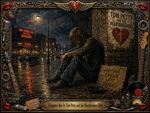 A weary man sits alone against a rain-darkened brick wall on a glowing city street, surrounded by faded posters and neon signs. Deep blues, black, amber, and red reflections create a lonely, reflective mood. Rich oil-paint textures and dramatic lighting are enclosed by an ornate rock-themed frame with guitars, records, chrome, and gold details.