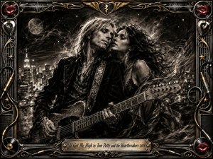 A charismatic guitarist and an alluring woman share an intimate moment above a glowing nighttime city, surrounded by swirling charcoal haze, stars, and moonlight. Deep blacks, silvery highlights, and warm gold accents create dramatic contrast. An ornate rock-themed frame features red lips, guitar picks, cables, records, and an engraved title plate.