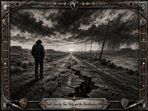 A solitary figure stands beside a deeply fractured desert highway beneath turbulent charcoal clouds, facing a pale horizon of distant mesas and leaning telephone poles. The brooding grayscale scene uses feathered charcoal textures, dramatic contrast, and smoky light. An ornate chrome-and-gold music-themed frame surrounds the landscape, with guitar strings, picks, and an engraved title plate.