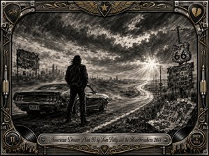 A lone figure stands beside a weathered muscle car on a desolate highway, facing a distant city and a radiant break in storm clouds. Deep charcoal textures, smoky grays, and sharp white highlights create a gritty, defiant mood. An ornate chrome-and-gold rock-and-roll frame surrounds Route 66 signs, vinyl accents, and the engraved title plate.