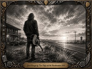 A solitary musician holding an acoustic guitar stands beside a lonely highway near an aging motel and vintage car. Dramatic charcoal clouds open toward a glowing horizon, creating a reflective, road-worn mood. Rich black, gray, and metallic tones frame the scene with ornate guitar strings, wings, roses, and musical details.