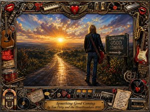 A lone guitarist stands beside a weathered roadside sign, gazing toward a brilliant golden sunset over a winding country road. Warm amber light contrasts with deep blues and earthy greens, creating a hopeful, reflective mood. The richly painted scene is enclosed by an ornate rock-and-roll frame filled with instruments, records, memorabilia, and glowing details.