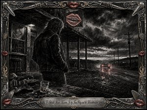 A brooding man stands outside a weathered roadside bar, watching a car disappear along a rain-darkened highway beneath storm clouds. Deep charcoal textures create a gritty, reflective mood, accented by muted red taillights and neon lips. An ornate rock-inspired metal frame surrounds the scene, with guitar strings, picks, filigree, and an engraved title plate.
