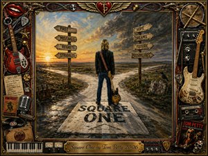 A lone guitarist stands at a weathered crossroads marked Square One, facing signs toward past regrets or future possibilities beneath a dramatic gold-and-storm-gray sky. Rich painterly textures, reflective puddles, and earthy tones create a contemplative mood, while an elaborate rock-and-roll frame of instruments, records, chrome, and memorabilia surrounds the scene.