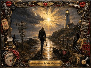 A lone guitarist walks a rain-darkened coastal path toward a glowing lighthouse beneath a dramatic sunrise, suggesting redemption and renewed purpose. Rich gold, black, rust, and crimson tones shape the textured painted scene, while an ornate rock-and-roll frame of guitars, microphones, records, tickets, and instruments surrounds the hopeful central journey.