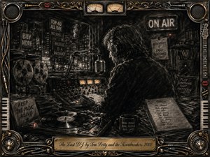 A lone late-night DJ sits at an analog radio console, surrounded by turntables, reel-to-reel tape, vinyl records, microphones, and glowing VU meters. Deep feathered charcoal textures create a smoky, rebellious noir mood, while warm gold accents illuminate the ornate music-themed frame and engraved title plate, emphasizing authenticity, solitude, and resistance.