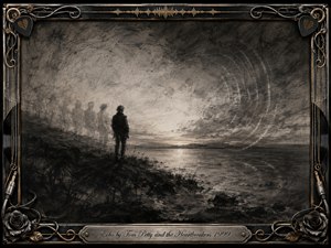A solitary figure stands on a misty shoreline beneath a turbulent charcoal sky, haunted by fading silhouettes that echo into the distance. Smoky blacks, silvery grays, and pale horizon light create a mournful atmosphere. Concentric sound waves, textured shadows, and an ornate musical frame deepen the sense of memory and longing.