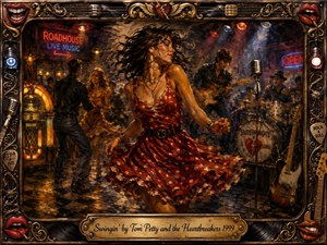 A spirited woman in a swirling red dress dances through a smoky vintage roadhouse as guitars, drums, a glowing jukebox, and neon signs surround her. Warm amber, crimson, blue, and gold lighting heighten the nostalgic energy. Rich oil-paint textures, expressive motion, and an ornate music-themed frame create a lively, cinematic rock-and-roll atmosphere.