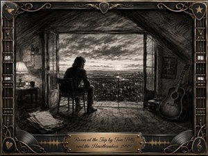 A solitary figure sits in a dim attic room overlooking a distant city at twilight, surrounded by a guitar, handwritten pages, and soft lamplight. Deep charcoal textures create a reflective, lonely mood, while the ornate gold-and-black musical frame, sound-wave details, and engraved title plate lend the composition a timeless, elegiac character.
