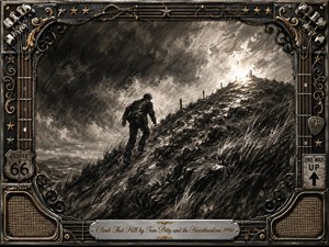 A lone figure climbs a steep, rocky hillside beneath a turbulent charcoal sky, moving toward a bright opening at the summit. Deep blacks, smoky grays, and sharp white highlights create a determined, dramatic mood. An ornate metal-and-gold music-themed frame, guitar details, road signs, stars, and engraved title plate complete the rugged composition.