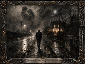 A solitary man walks down a rain-slicked nighttime street toward a warmly glowing house, surrounded by bare trees, mist, and fading streetlights. Deep charcoal textures and muted bronze tones create a melancholy, nostalgic mood, while ghostly lovers appear overhead. An ornate music-themed metal frame and engraved title plate complete the composition.