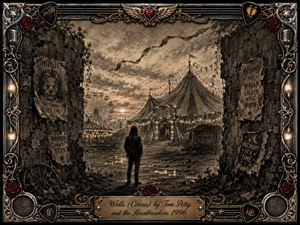 A lone figure faces a weathered circus glowing beyond crumbling walls, evoking memory, resilience, and fragile hope. Deep charcoal textures, sepia tones, warm bulbs, torn posters, a Ferris wheel, and drifting streamers create a wistful dusk atmosphere. An ornate chrome-and-gold musical frame with roses, microphones, guitar picks, and an engraved title plate completes the composition.