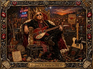 A crowned rock musician lounges confidently on an ornate golden throne, guitar across his lap, before a roaring sunset concert crowd. Warm amber, crimson, black, and metallic gold dominate the richly textured oil-painting style. An elaborate music-themed frame of instruments, records, red lips, cables, and memorabilia surrounds the regal, rebellious scene.