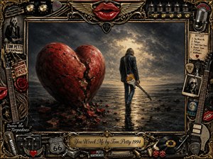 A lone guitarist walks across a rain-darkened shore toward glowing storm clouds, passing a massive cracked red heart scattered in fragments. The moody rock-inspired composition blends charcoal tones, metallic gold, chrome, and deep crimson, framed by guitars, microphones, records, roses, amplifiers, memorabilia, and an ornate engraved title plate.