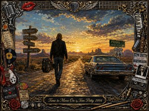 A lone traveler carrying a guitar case walks down a rain-glossed desert highway toward a radiant sunset, leaving weathered signs of yesterday, memories, and regrets behind. Warm gold, rust, and blue tones create a reflective, hopeful mood, framed by richly detailed guitars, records, roses, microphones, chrome, and ornate rock memorabilia.
