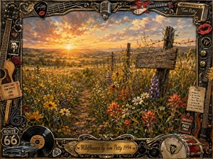 A glowing wildflower meadow stretches toward distant hills beneath a radiant golden sunset, crossed by a narrow rustic path and weathered fence. Warm yellows, reds, purples, and greens create a peaceful, nostalgic mood. An ornate black-and-gold rock memorabilia frame surrounds the painterly scene, with guitars, records, microphones, tickets, and an engraved title plate.