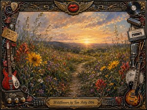 A glowing wildflower meadow stretches toward distant hills beneath a radiant golden sunset, with a winding path inviting quiet freedom and reflection. Rich reds, yellows, purples, and greens fill the painterly landscape. An ornate black-and-gold music-themed frame features guitars, records, microphones, picks, cables, red lips, and a central engraved title plate.