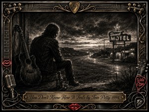 A solitary musician sits beside his guitar on a deserted roadside, staring toward a distant neon motel beneath a brooding sky. Deep charcoal textures, smoky shadows, and silvery highlights create a reflective, melancholy mood. An ornate gold-and-chrome musical frame, red lips, cables, and engraved title plate complete the cinematic composition.