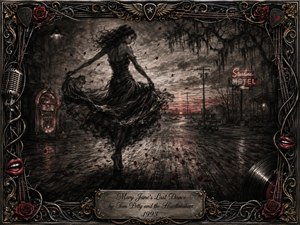 A windswept woman dances alone across weathered floorboards merging into a lonely twilight road, surrounded by skeletal trees, telephone poles, drifting red petals, and a glowing motel sign. Deep charcoal textures, smoky shadows, muted crimson highlights, and dramatic dusk lighting create a haunting, bittersweet mood within an ornate rock-inspired frame.