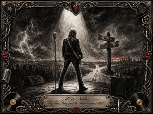 A lone rocker stands beneath a stark spotlight at a stormy crossroads, facing distant crowds and an uncertain road. Deep feathered charcoal textures create a gritty, defiant mood, accented by flashes of red and metallic highlights. An ornate music-themed frame surrounds the scene with records, roses, cables, microphones, and engraved title plate.