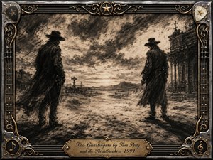 Two shadowed gunslingers face one another across a windswept frontier street beneath turbulent twilight clouds. Deep charcoal textures, smoky grays, black silhouettes, and warm sepia tones create a tense, reflective mood. Ornate chrome-and-gold framing, guitar-string details, stars, musical emblems, and an engraved title plate blend Western drama with rock-and-roll elegance.