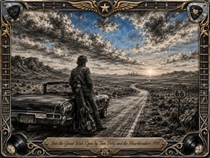A lone young musician stands beside a vintage convertible on a desert highway, gazing toward a distant city beneath an immense dramatic sky. Deep feathered charcoal textures blend with blue and warm sunset accents, creating a reflective, adventurous mood. An ornate chrome-and-gold musical frame surrounds the cinematic scene.